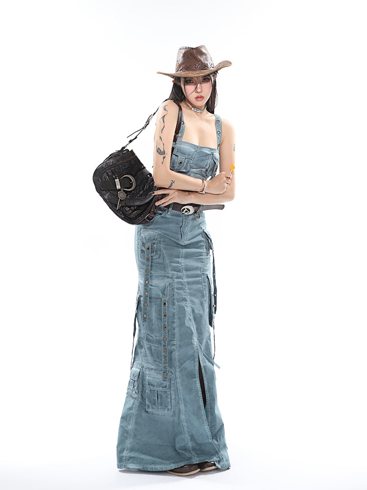 Antmvs Avery Gothic Denim Washed Solid Color Multi-Pocket Spaghetti Strap Cropped Top + Denim Washed Solid Color Multi-Pocket High Waist A-Line Long Skirt Matching Set