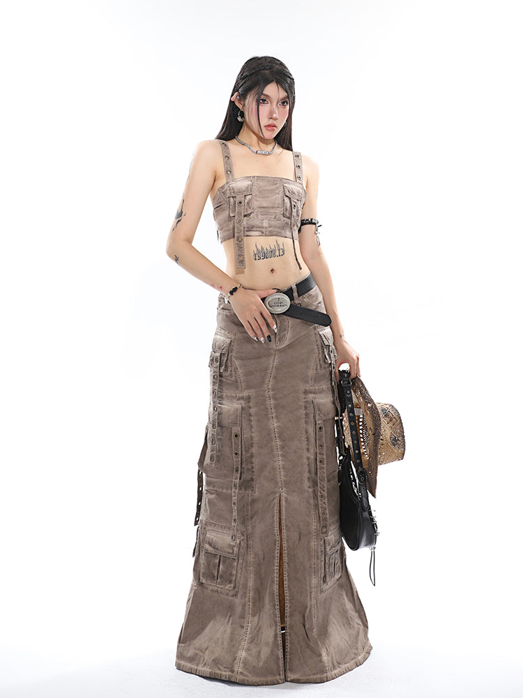 Antmvs Avery Gothic Denim Washed Solid Color Multi-Pocket Spaghetti Strap Cropped Top + Denim Washed Solid Color Multi-Pocket High Waist A-Line Long Skirt Matching Set