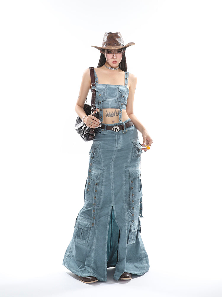 Antmvs Avery Gothic Denim Washed Solid Color Multi-Pocket Spaghetti Strap Cropped Top + Denim Washed Solid Color Multi-Pocket High Waist A-Line Long Skirt Matching Set