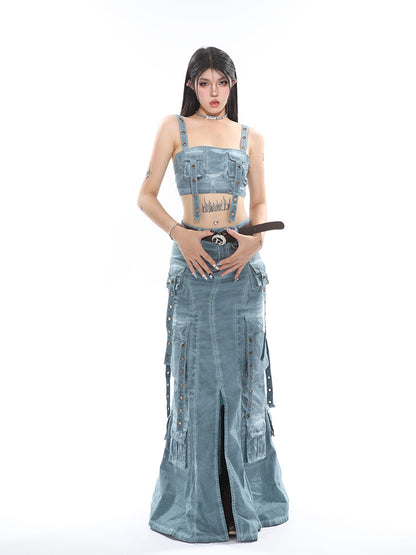 Antmvs Avery Gothic Denim Washed Solid Color Multi-Pocket Spaghetti Strap Cropped Top + Denim Washed Solid Color Multi-Pocket High Waist A-Line Long Skirt Matching Set