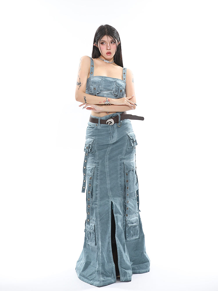 Antmvs Avery Gothic Denim Washed Solid Color Multi-Pocket Spaghetti Strap Cropped Top + Denim Washed Solid Color Multi-Pocket High Waist A-Line Long Skirt Matching Set