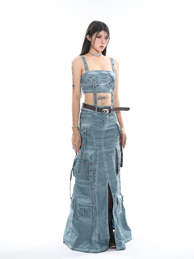 Antmvs Avery Gothic Denim Washed Solid Color Multi-Pocket Spaghetti Strap Cropped Top + Denim Washed Solid Color Multi-Pocket High Waist A-Line Long Skirt Matching Set