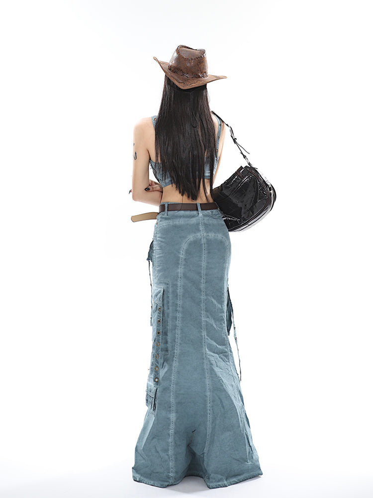 Antmvs Avery Gothic Denim Washed Solid Color Multi-Pocket Spaghetti Strap Cropped Top + Denim Washed Solid Color Multi-Pocket High Waist A-Line Long Skirt Matching Set