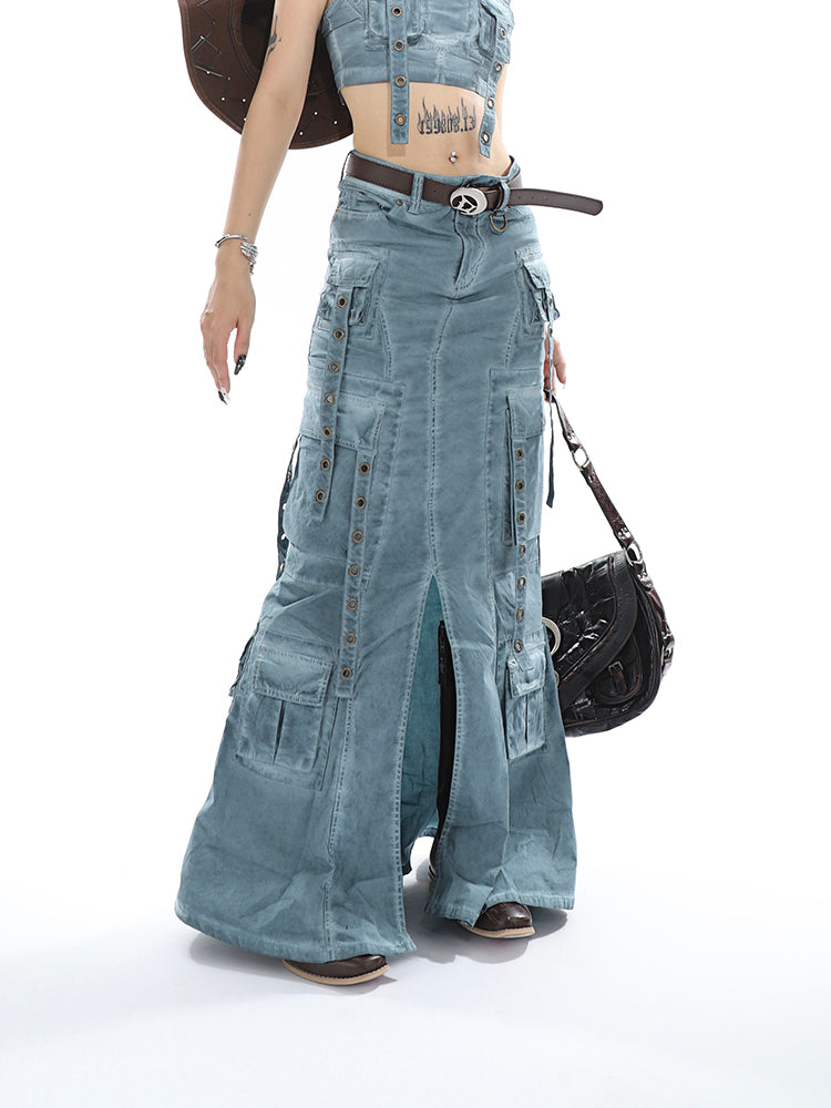 Antmvs Avery Gothic Denim Washed Solid Color Multi-Pocket Spaghetti Strap Cropped Top + Denim Washed Solid Color Multi-Pocket High Waist A-Line Long Skirt Matching Set