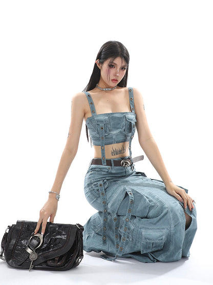 Antmvs Avery Gothic Denim Washed Solid Color Multi-Pocket Spaghetti Strap Cropped Top + Denim Washed Solid Color Multi-Pocket High Waist A-Line Long Skirt Matching Set