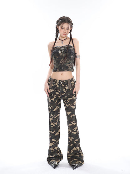 Antmvs Crista Denim Army Green Camouflage Bandeau Strap Sleeveless Cropped Top
