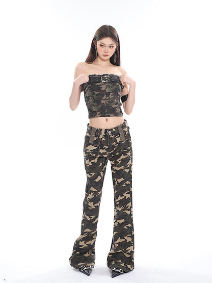 Antmvs Crista Denim Army Green Camouflage Bandeau Strap Sleeveless Cropped Top