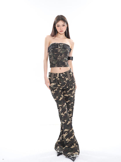 Antmvs Crista Denim Army Green Camouflage Bandeau Strap Sleeveless Cropped Top