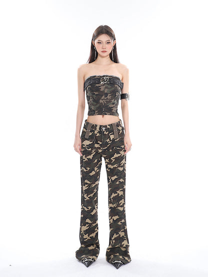Antmvs Crista Denim Army Green Camouflage Bandeau Strap Sleeveless Cropped Top