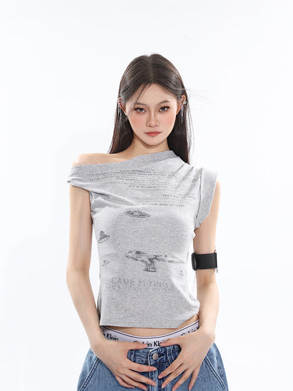 Antmvs Loid Solid Color Graphic Letter Print Off-the-Shoulder Irregular Slim Slanted Shoulder Top