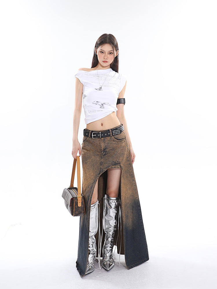 Antmvs Loid Solid Color Graphic Letter Print Off-the-Shoulder Irregular Slim Slanted Shoulder Top