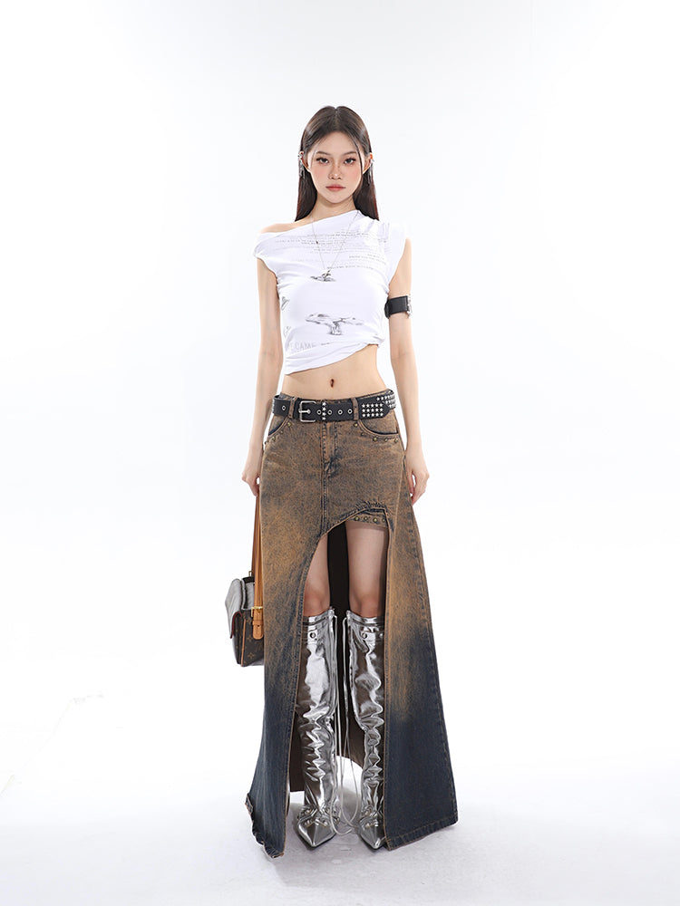 Antmvs Loid Solid Color Graphic Letter Print Off-the-Shoulder Irregular Slim Slanted Shoulder Top