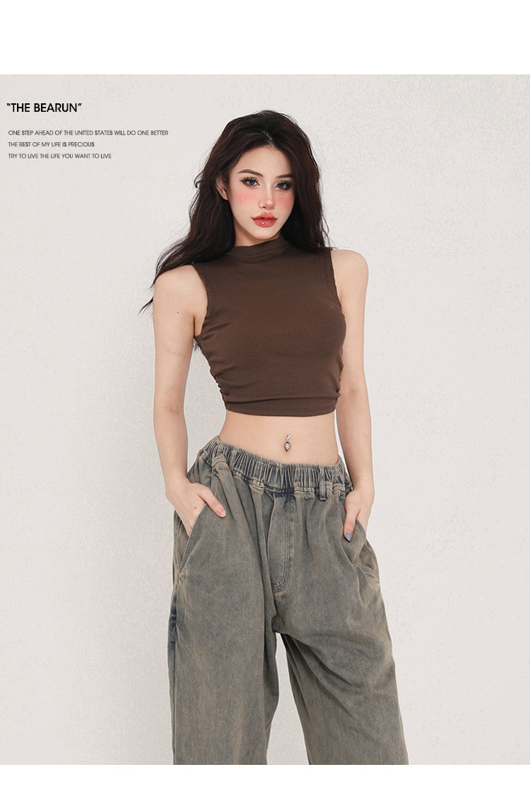 Antmvs Zhou Solid Color Turtleneck Sleeveless Backless Drawstring Pleated Cropped Top