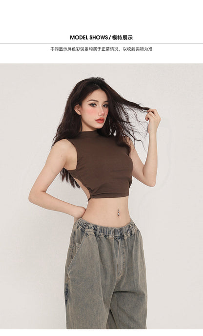 Antmvs Zhou Solid Color Turtleneck Sleeveless Backless Drawstring Pleated Cropped Top