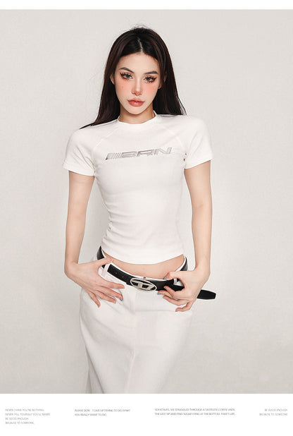 Antmvs SPEEDAIR Solid Color Graphic Letter Print Short Sleeve Slim Cropped Top