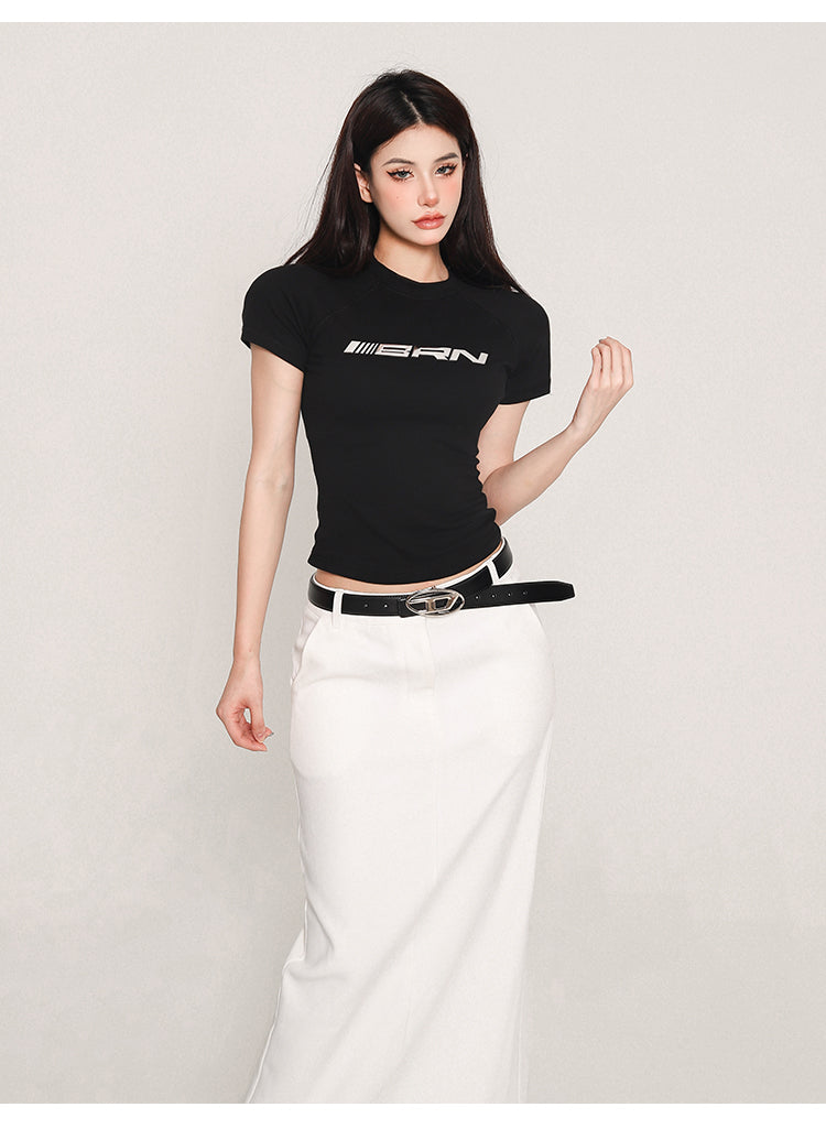 Antmvs SPEEDAIR Solid Color Graphic Letter Print Short Sleeve Slim Cropped Top