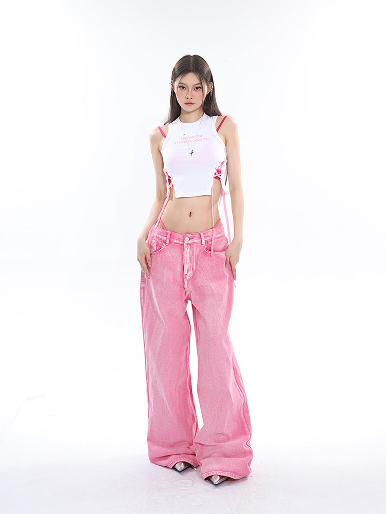 Antmvs Kacey Solid Color Balletcore Lace-Up Ribbon Drawstring Contrast Letter Embroidered Slim Cropped Top