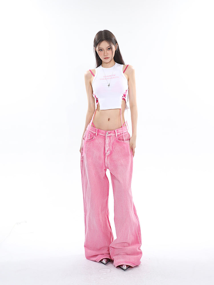 Antmvs Kacey Solid Color Balletcore Lace-Up Ribbon Drawstring Contrast Letter Embroidered Slim Cropped Top