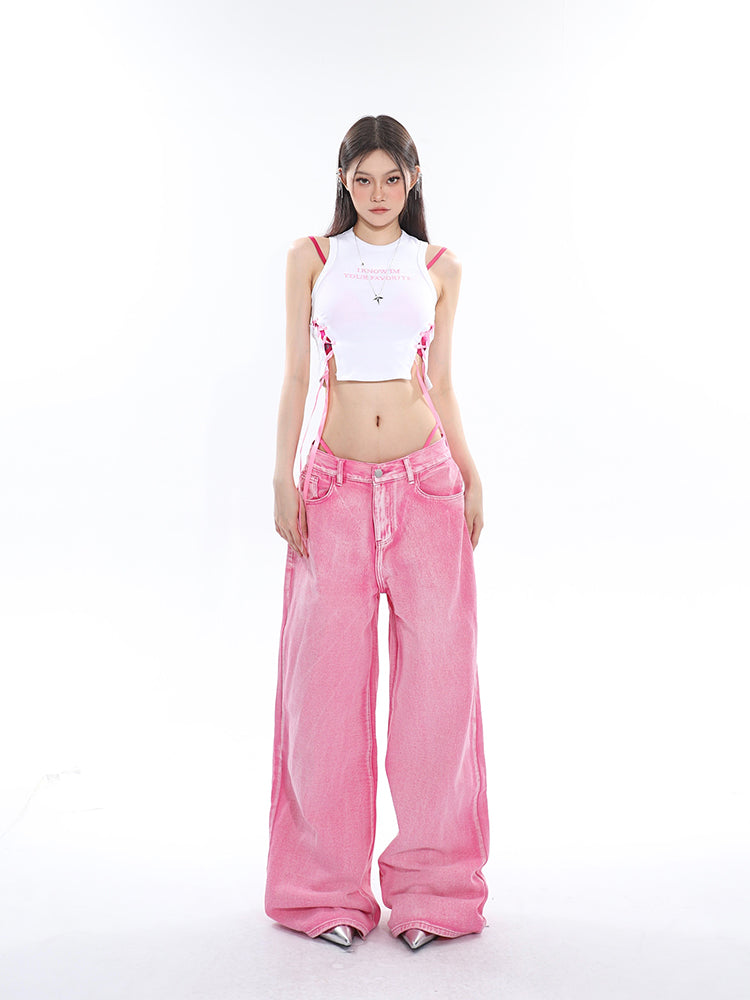 Antmvs Kacey Solid Color Balletcore Lace-Up Ribbon Drawstring Contrast Letter Embroidered Slim Cropped Top