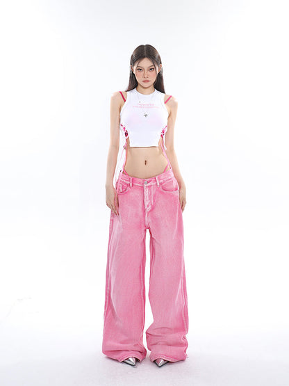 Antmvs Kacey Solid Color Balletcore Lace-Up Ribbon Drawstring Contrast Letter Embroidered Slim Cropped Top