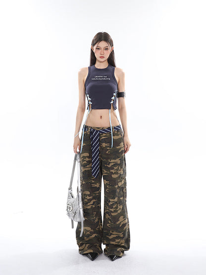 Antmvs Kacey Solid Color Balletcore Lace-Up Ribbon Drawstring Contrast Letter Embroidered Slim Cropped Top