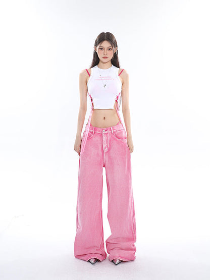 Antmvs Kacey Solid Color Balletcore Lace-Up Ribbon Drawstring Contrast Letter Embroidered Slim Cropped Top