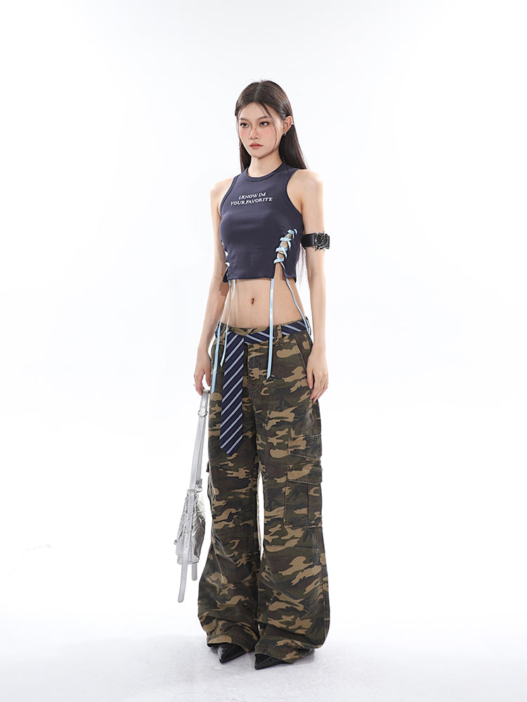 Antmvs Kacey Solid Color Balletcore Lace-Up Ribbon Drawstring Contrast Letter Embroidered Slim Cropped Top