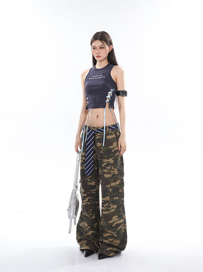 Antmvs Kacey Solid Color Balletcore Lace-Up Ribbon Drawstring Contrast Letter Embroidered Slim Cropped Top