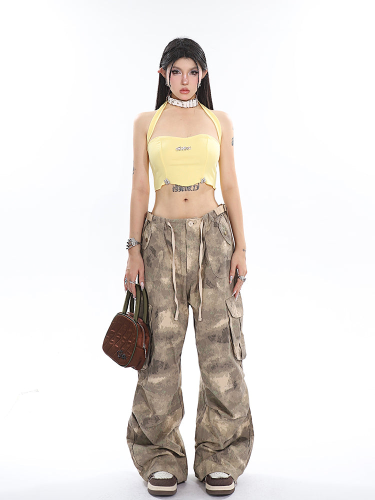 Antmvs Dalia Solid Color Wide Strap Halter Slim Patchwork Cropped Top