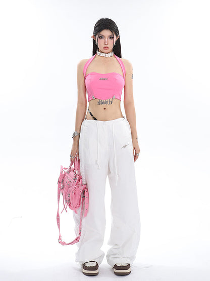 Antmvs Dalia Solid Color Wide Strap Halter Slim Patchwork Cropped Top