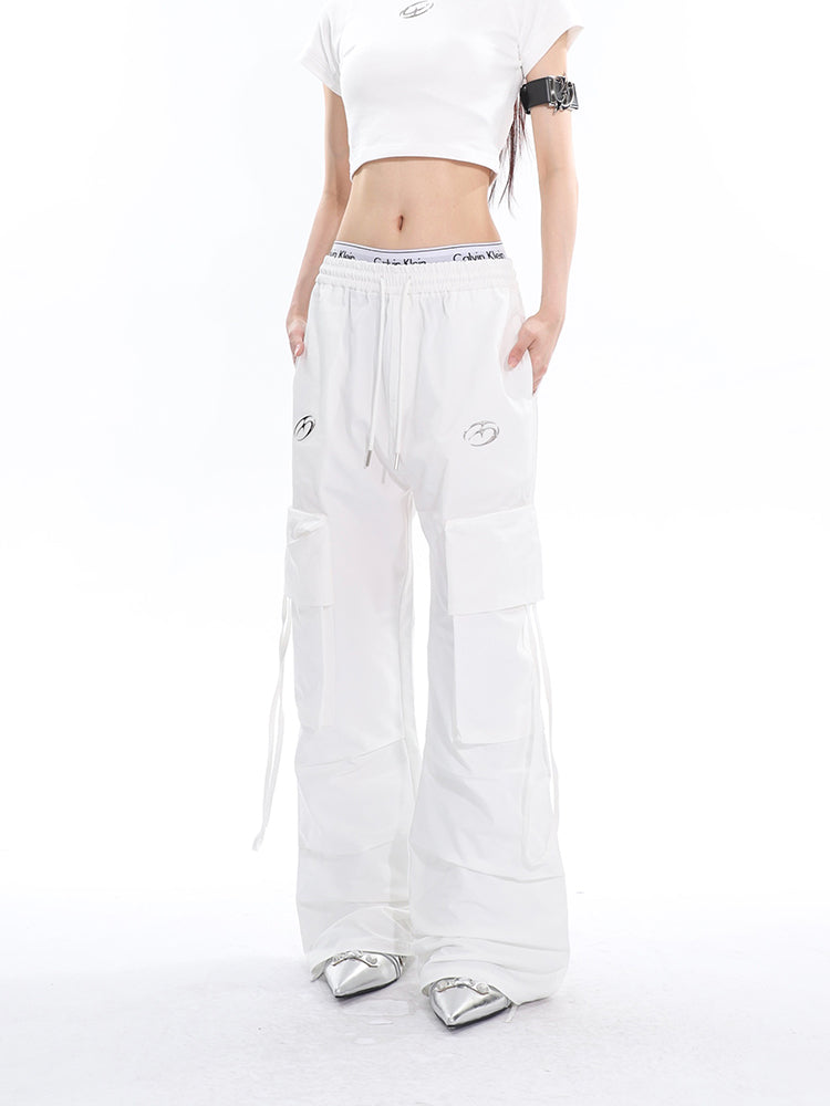 Antmvs Sia Solid Color White Slim Short Sleeve Cropped Top + High Waist Baggy Multi-Pocket Cargo Pants Matching Set