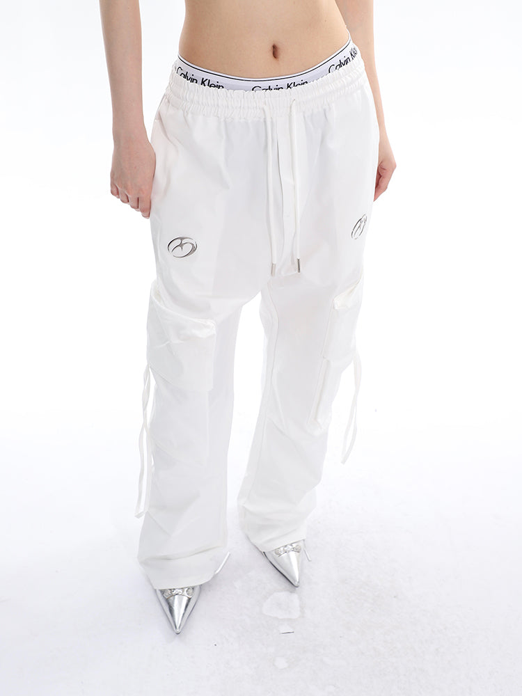 Antmvs Sia Solid Color White Slim Short Sleeve Cropped Top + High Waist Baggy Multi-Pocket Cargo Pants Matching Set