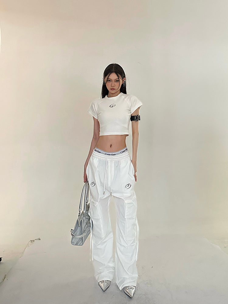 Antmvs Sia Solid Color White Slim Short Sleeve Cropped Top + High Waist Baggy Multi-Pocket Cargo Pants Matching Set