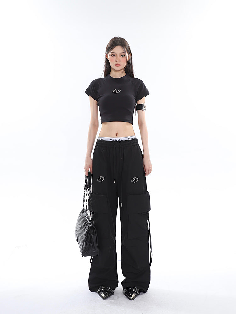 Antmvs Sia Solid Color White Slim Short Sleeve Cropped Top + High Waist Baggy Multi-Pocket Cargo Pants Matching Set