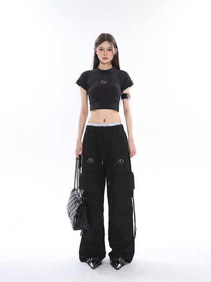 Antmvs Sia Solid Color White Slim Short Sleeve Cropped Top + High Waist Baggy Multi-Pocket Cargo Pants Matching Set