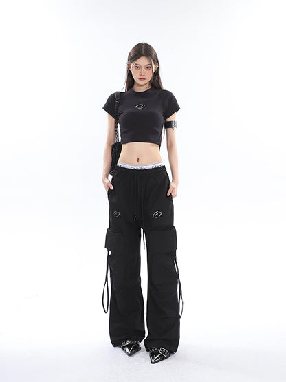 Antmvs Sia Solid Color White Slim Short Sleeve Cropped Top + High Waist Baggy Multi-Pocket Cargo Pants Matching Set