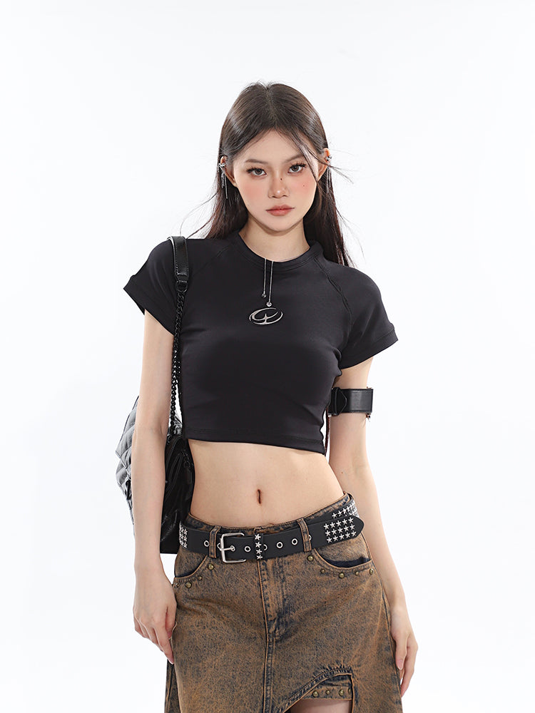 Antmvs Sia Solid Color White Slim Short Sleeve Cropped Top + High Waist Baggy Multi-Pocket Cargo Pants Matching Set