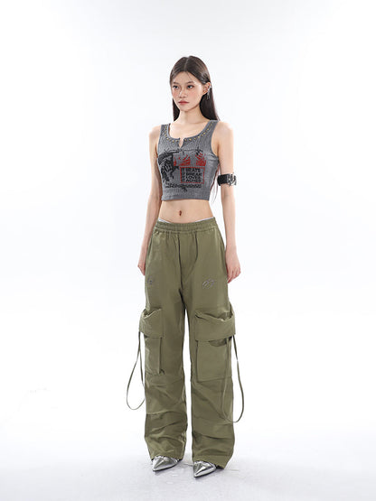 Antmvs Sia Solid Color White Slim Short Sleeve Cropped Top + High Waist Baggy Multi-Pocket Cargo Pants Matching Set