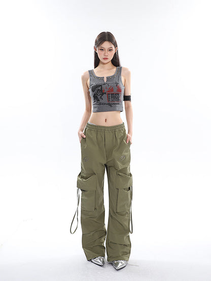 Antmvs Sia Solid Color White Slim Short Sleeve Cropped Top + High Waist Baggy Multi-Pocket Cargo Pants Matching Set