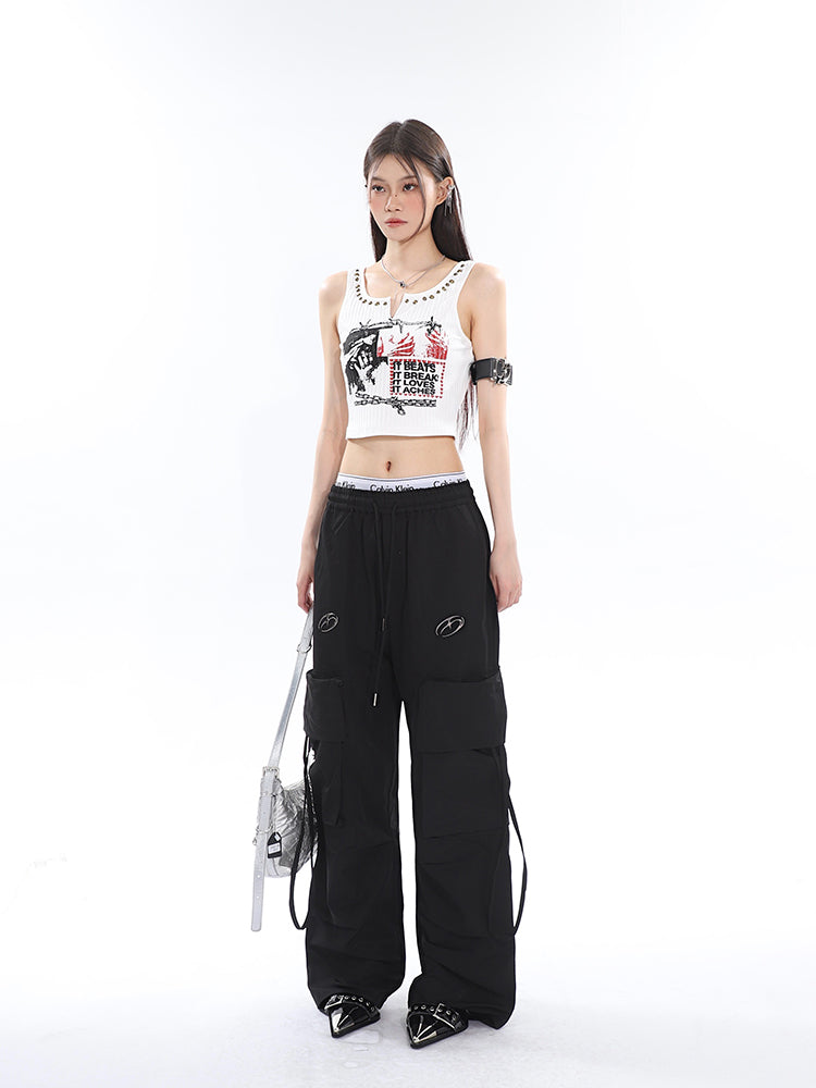 Antmvs Sia Solid Color White Slim Short Sleeve Cropped Top + High Waist Baggy Multi-Pocket Cargo Pants Matching Set