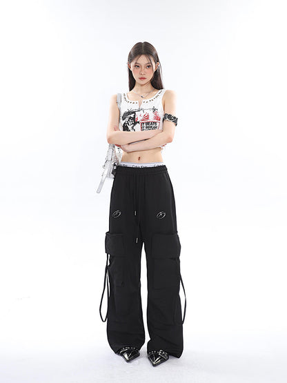 Antmvs Sia Solid Color White Slim Short Sleeve Cropped Top + High Waist Baggy Multi-Pocket Cargo Pants Matching Set