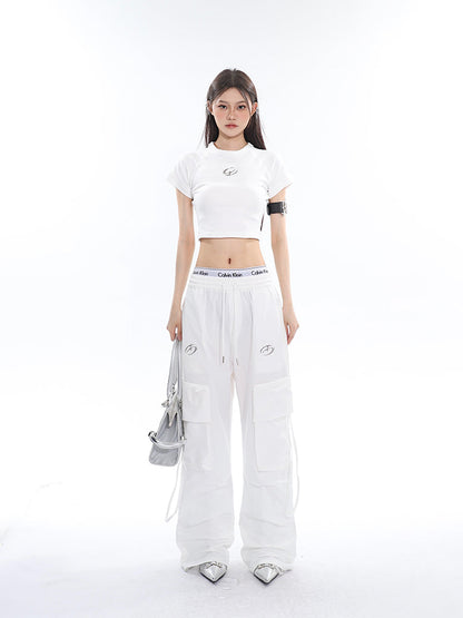 Antmvs Sia Solid Color White Slim Short Sleeve Cropped Top + High Waist Baggy Multi-Pocket Cargo Pants Matching Set