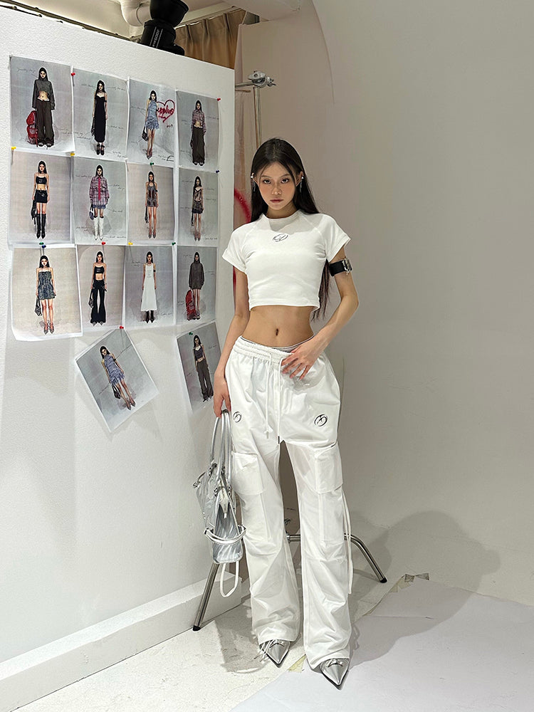 Antmvs Sia Solid Color White Slim Short Sleeve Cropped Top + High Waist Baggy Multi-Pocket Cargo Pants Matching Set