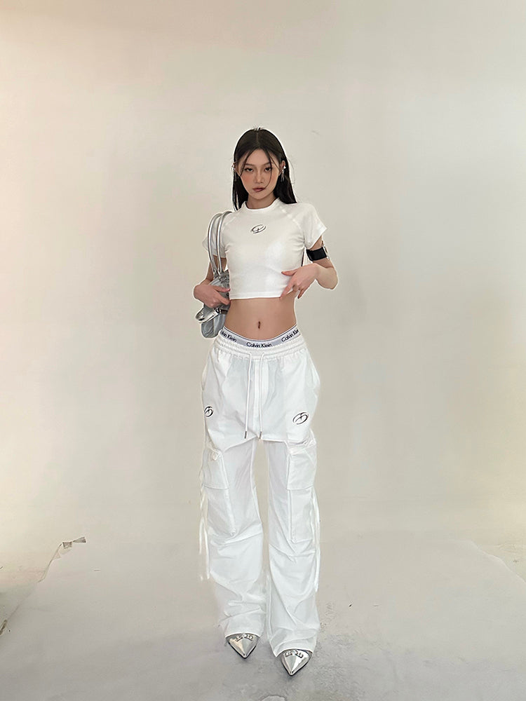 Antmvs Sia Solid Color White Slim Short Sleeve Cropped Top + High Waist Baggy Multi-Pocket Cargo Pants Matching Set