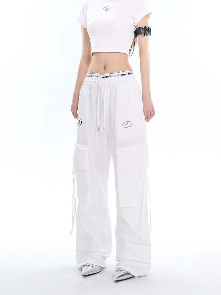 Antmvs Sia Solid Color White Slim Short Sleeve Cropped Top + High Waist Baggy Multi-Pocket Cargo Pants Matching Set