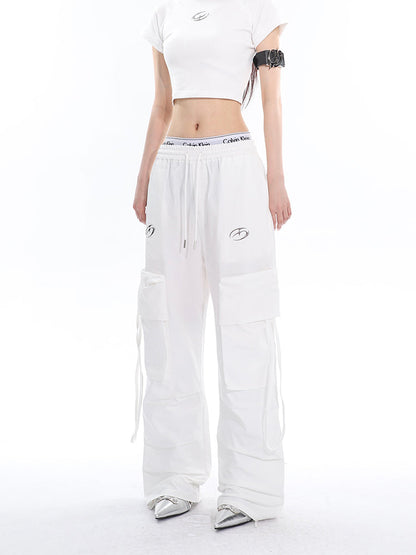 Antmvs Sia Solid Color White Slim Short Sleeve Cropped Top + High Waist Baggy Multi-Pocket Cargo Pants Matching Set