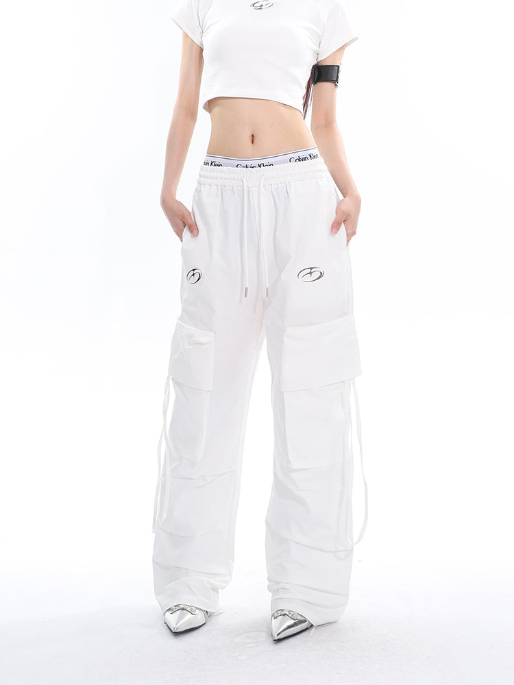 Antmvs Sia Solid Color White Slim Short Sleeve Cropped Top + High Waist Baggy Multi-Pocket Cargo Pants Matching Set