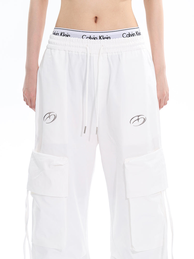 Antmvs Sia Solid Color White Slim Short Sleeve Cropped Top + High Waist Baggy Multi-Pocket Cargo Pants Matching Set