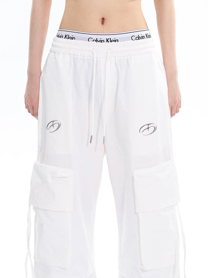 Antmvs Sia Solid Color White Slim Short Sleeve Cropped Top + High Waist Baggy Multi-Pocket Cargo Pants Matching Set