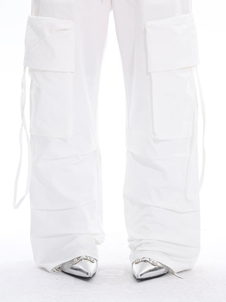 Antmvs Sia Solid Color White Slim Short Sleeve Cropped Top + High Waist Baggy Multi-Pocket Cargo Pants Matching Set